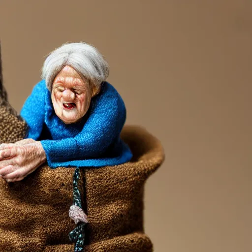 Prompt: miniature realistic very old woman sitting in palm of giant hand, short dof, macro photo, tiltshift, extremely cute, large head, tiny body, hyper realistic, minutely detailed