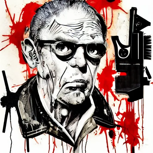 Image similar to Graphic Illustration, Creative Design, Guns, Cyberpunk, Portrait, graffiti, by Ralph Steadman, Francis Bacon, Hunter S Thompson