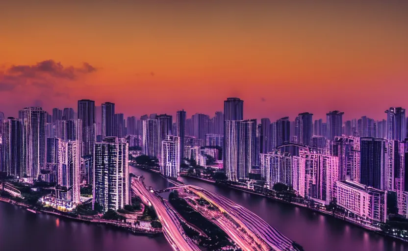 Prompt: a photo of guangzhou, river, sunset, purple sky, cinematic, 8 k, highly - detailed