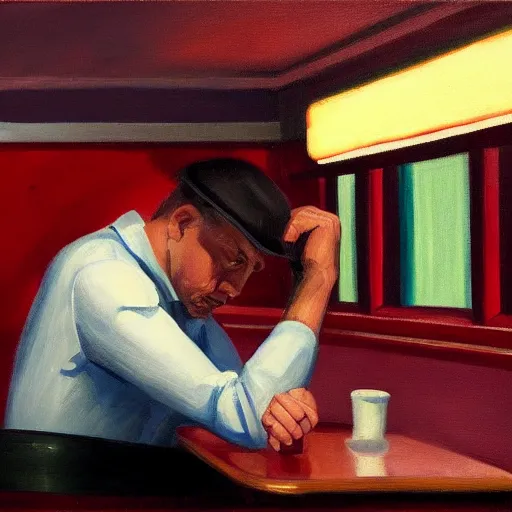 Image similar to a portrait of a sad man in a diner painted in the style of Edward Hopper, 4k,