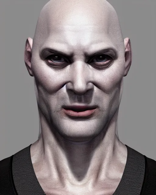 Prompt: portrait of a 4 0 - year - old bald character, male, with a white complexion, wide, cat - like scarlet eyes, a nose flat like a snake's nose, and a thin mouth, wearing in black clothes, hyper realistic face, beautiful eyes, character art, art by mark brooks, hyperdetailed, cryengine, trending on artstation, digital art