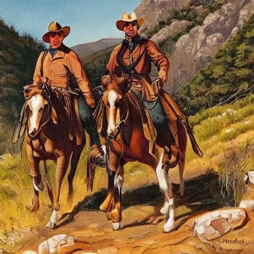 Image similar to cowboys-fighting on the mountain trail on the style Fredrick Remington