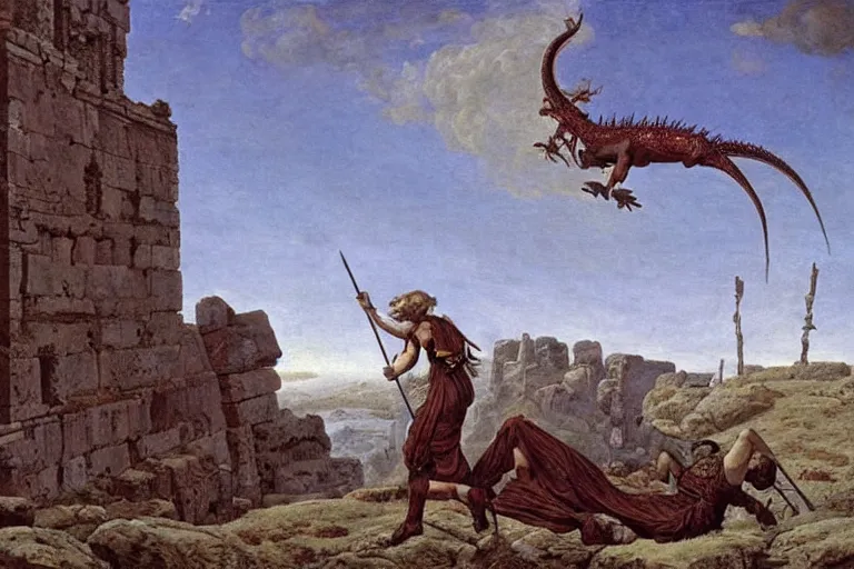 Image similar to the fall of the roman empire was started by dragon attacks by Caspar David Friedrich