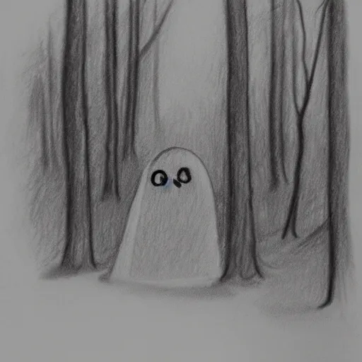 Prompt: a ghost in gloomy woods pencil sketch