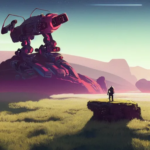 Image similar to sentinel robot picking up flower on infested planet in no man's sky digital art in the style of greg rutkowski and craig mullins, 4 k