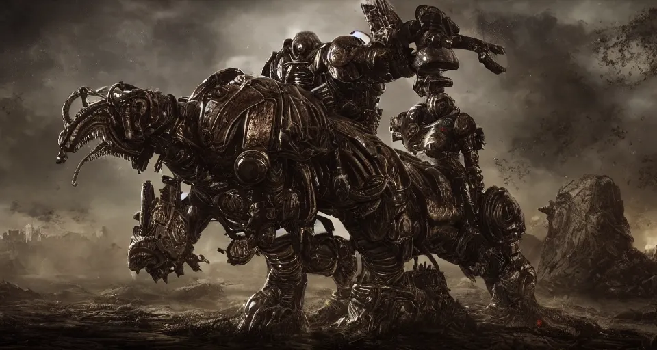 Image similar to gears of war alien knight in medieval plate armor on a giant mechanical horse, the feeling of magical grimdark magic power and dispair, on a dark swampy bsttlefield, high quality, detailed, 8 k, unreal engine, octane render, trending on artstation