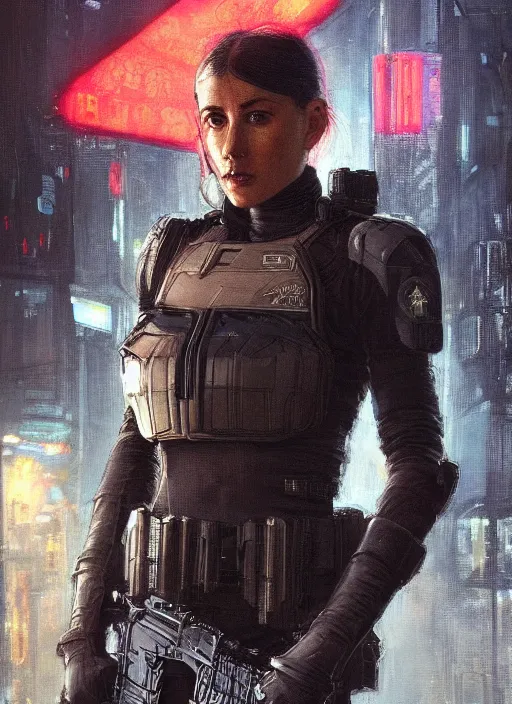 Prompt: 🦸🏼♀🧕🏾 cyberpunk police trooper in a military vest ( blade runner 2 0 4 9, cyberpunk 2 0 7 7 ). orientalist portrait by john william waterhouse and james gurney and theodore ralli and nasreddine dinet, oil on canvas. cinematic, hyper realism, realistic proportions, dramatic lighting, high detail 4 k