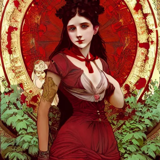 Prompt: goth girl wearing dress covered in red paint, intricate, art by artgerm and greg rutkowski and alphonse mucha and william - adolphe bouguereau, high detailed, 4 k,