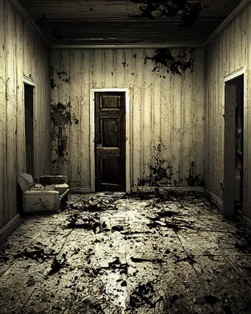 Image similar to Resident Evil 7, American gothic interior, mold growing on walls, wooden floor, atmospheric, nighttime scene, photorealistic narrow hallway with broken windows, horror