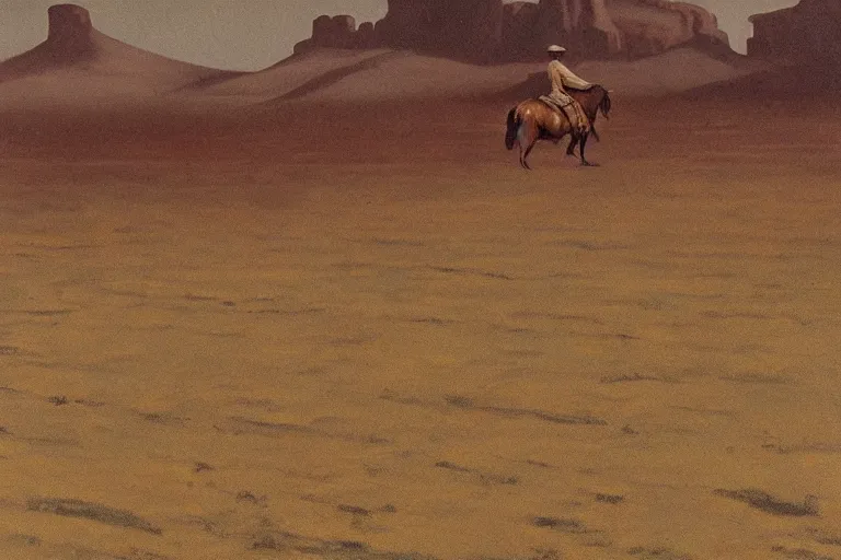 Prompt: a lone tired cowboy rides his horse in a vast desert valley, cinemascope, grand vista, greys and rust hues, fredrick remington, widescreen