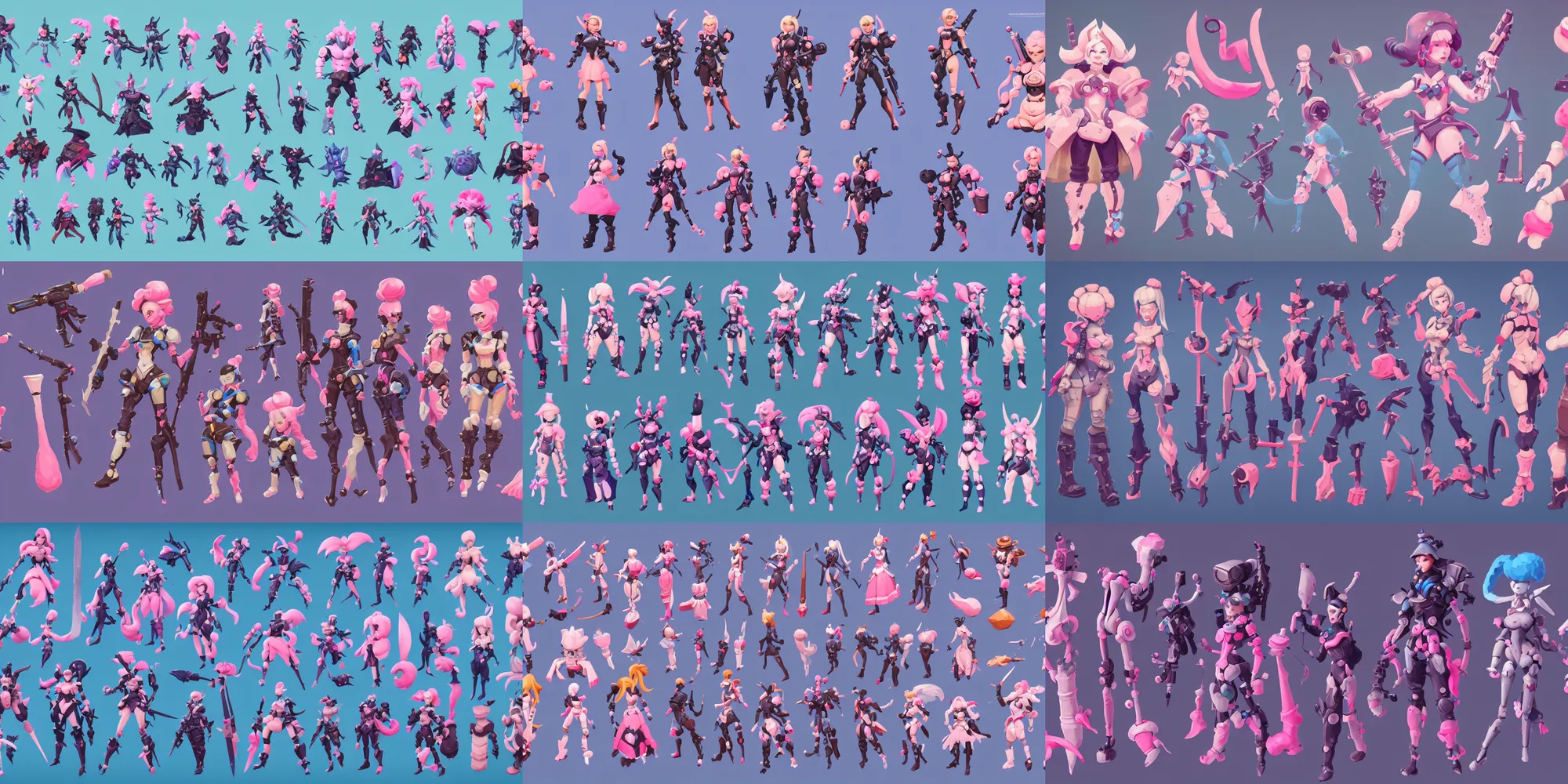 Prompt: game asset of dolls, in gouache detailed paintings, props, stylized, 2 d sprites, kitbash, arcane, overwatch, blue and pink color scheme, 8 k, close up