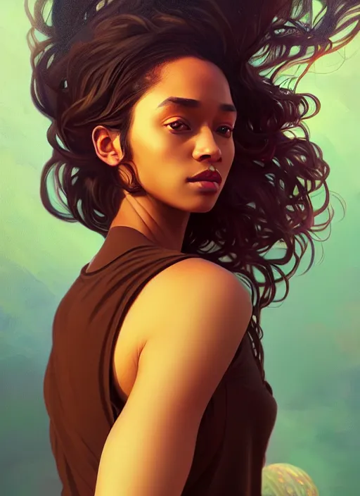 Image similar to handsome young black women with shoulder length brown hair, half body shot, path traced, highly detailed, high quality, digital painting, alena aenami, lilia alvarado, shinji aramaki, karol bak, alphonse mucha, tom bagshaw