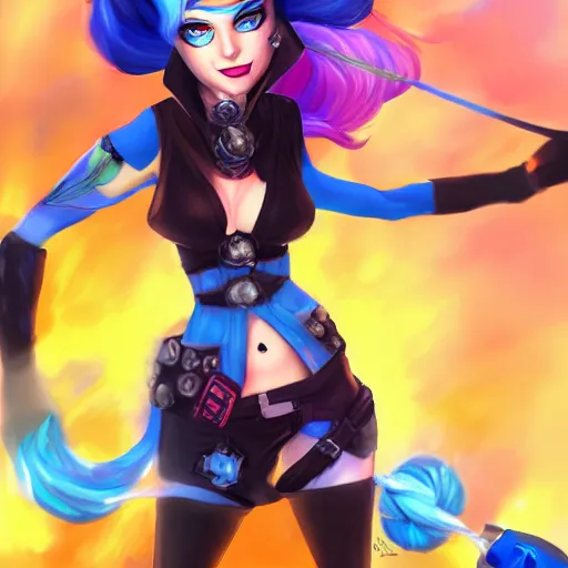 Prompt: jinx from league of legends sitting on a missile, blue hair, digital art full body portrait, arcane style, artwork by ross tran
