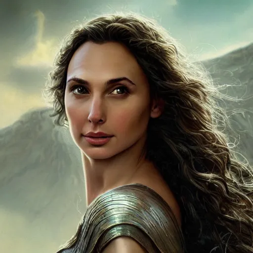 Image similar to An enchanting portrait of Gal Gadot as Galadriel, evening, detailed matte painting, cinematic, Alan Lee, Artstation