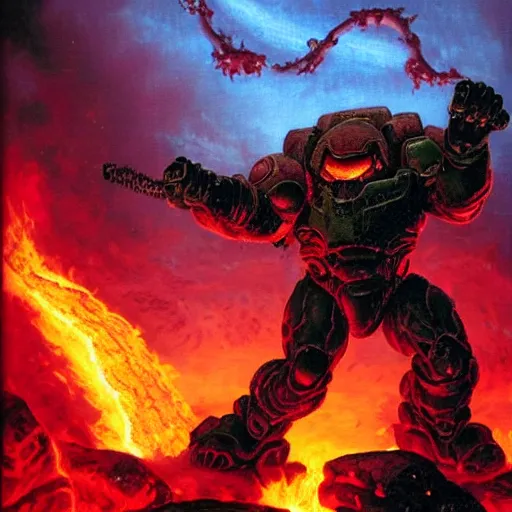 Image similar to Doom marine fighting with daemons on a lava background, Moebius style