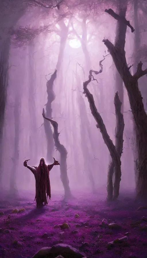 Prompt: Hyper realistic oil painting of a future sci-fi ancient god on the middle of a purple forest holding a portal that's about to explode, fog, volumetric lighting, nighttime, moonlight, by Greg Rutkowski and Diego Velázquez