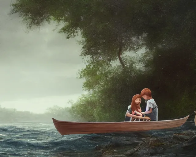 Image similar to a boy and a girl with long flowing auburn hair sitting together on the rowboat. Boy has black short hair, boy has black short hair. Atmospheric lighting, long shot, romantic, boy and girl are the focus, trees, river. Oil Painting, Trending on Artstation, octane render, Insanely Detailed, 8k, HD