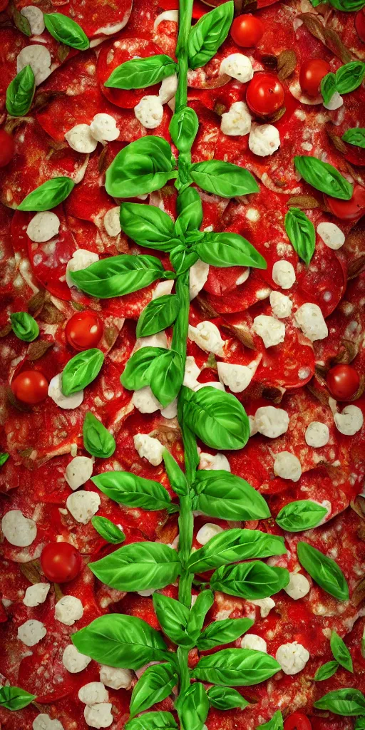 Prompt: highly detailed 3 d render of a tall slender intricate tree with leaves that look like pizza toppings, tomato, mozzarella, basil, hyper realistic octane render, cinematic lighting, deviantart, lowbrow, surrealism, pixar still