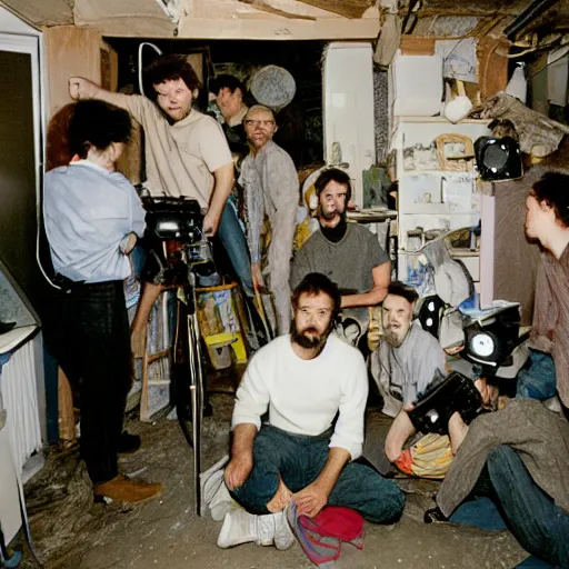 Image similar to A group of artists working in their cramped basement, 90s Film Photo, Flash Photography, 40mm lens, Award Winning, 8k Film Scan