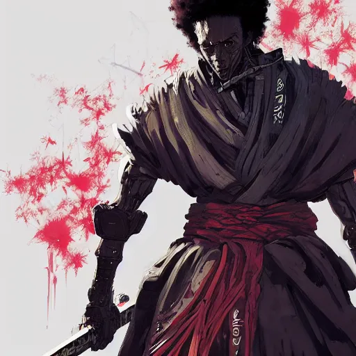 Image similar to afro samurai with robotic eyes in a cyberpunk style, Apex Legends character, digital illustration portrait design, by android jones and greg rutkowski, retrowave color scheme, detailed, cinematic lighting, wide angle action dynamic portrait
