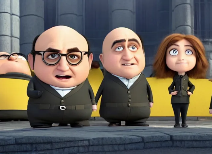 Image similar to Danny DeVito cast as Gru with his minions, still from Despicable Me 2010