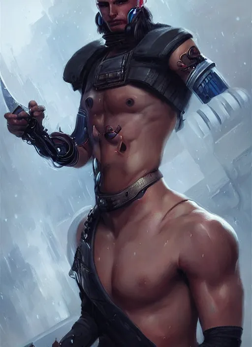 Image similar to « a portrait of a muscular cyberpunk male warrior, a digital painting by charlie bowater, featured on cgsociety, fantasy art, behance hd, wiccan, artstation hd »