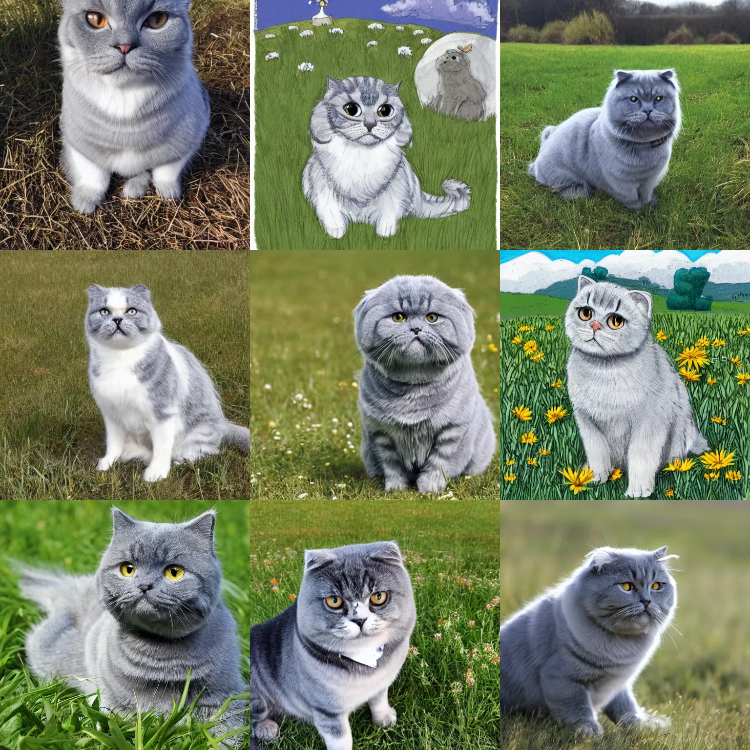 Prompt: a gray scottish fold sitting in the middle of sunny meadow, by brian k. vaughan