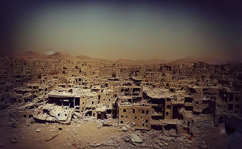 Prompt: “little boy lost, epic view of Hummus in Syria in destruction, sad atmosphere, ruins, hyperdetailed, hyperrealism, trending on artstation, award winning photograph, photorealistic, 8k, concept art, cinematographic, uhd, epic lighting”