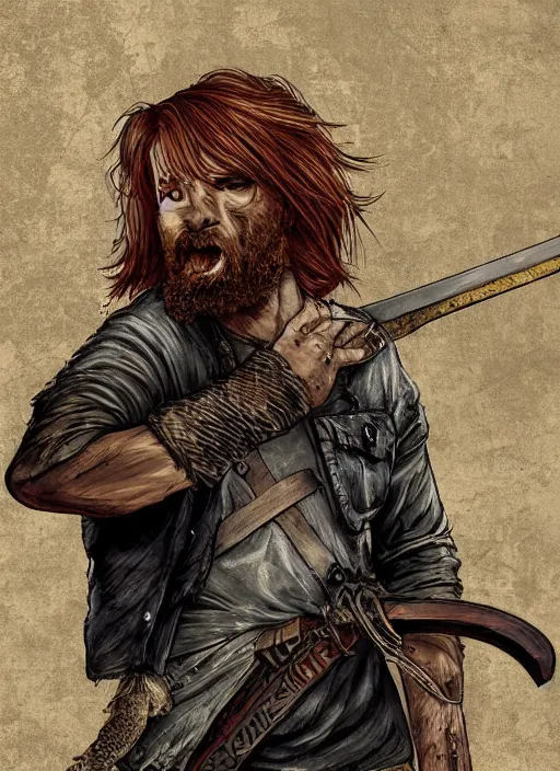 Image similar to grungy redhead 30-something scruffy bearded shoulder-length hair swordsman holding a short curved sword in a ultradetailed pacific northwest redcedar forest, smooth. sharp focus, grunge dingy high quality digital art detailed,