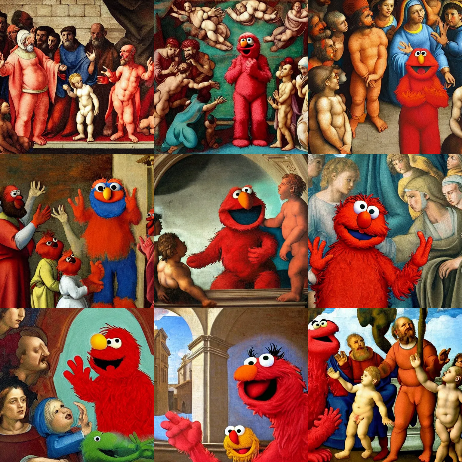 Prompt: A religious painting of Elmo from Sesame Street talking to his followers, painted by Michelangelo.