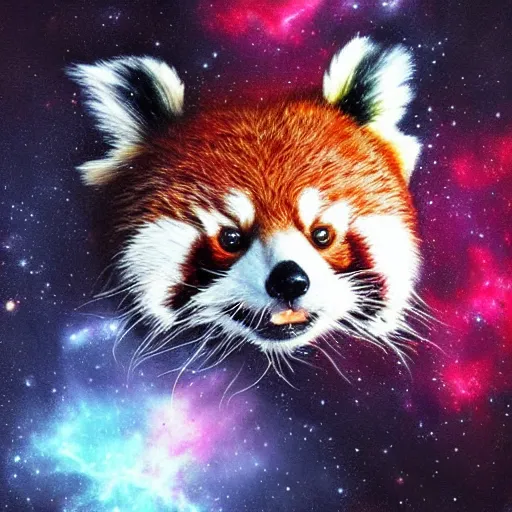 Prompt: geometric red panda with galaxy eyes in space, nebula in the background, intricate, elegant, highly detailed, digital painting, artstation, concept art, smooth, sharp focus, illustration, art by artgerm