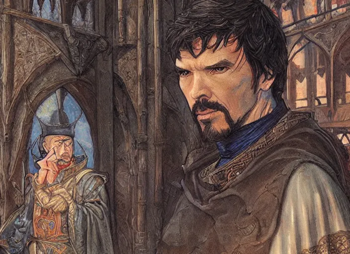 Image similar to a highly detailed medieval portrait of stephen strange, james gurney, james jean