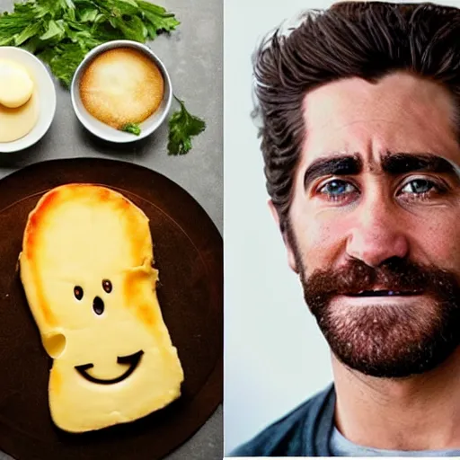 Image similar to food photography of jake gyllenhaal's face fused with halloumi cheese ( ( white halloumi cheese hybrid with jake gyllenhaal face ) ), jake gyllenhaal sentient cheese man, by greg rutkowski