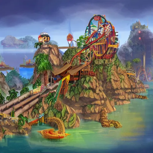 Image similar to digital concept art of donkey kong country theme park, artstation, high quality
