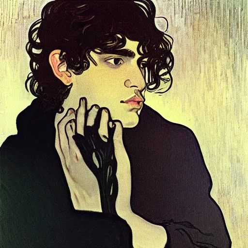 Prompt: painting of young cute handsome beautiful dark medium wavy hair man in his 2 0 s named shadow taehyung at the cucumber soup party, somber, depressed, melancholy, sad, elegant, clear, painting, stylized, delicate, soft facial features, delicate facial features, soft art, art by alphonse mucha, vincent van gogh, egon schiele