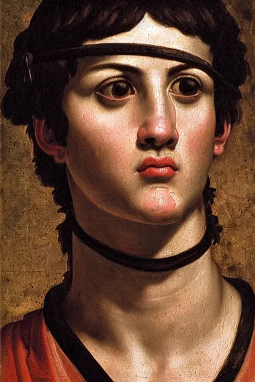 Image similar to renaissance painting of roman soldier, short black hair, pleading face, tears dripping from the eyes, emotions closeup, dressed in roman armour, ultra detailed, art by Guido Reni style, Vincenzo Catena style