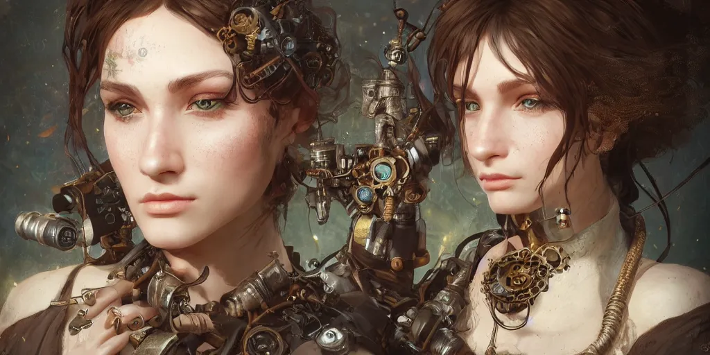 Image similar to steampunk portrait, au naturel, hyper detailed, digital art, trending in artstation, cinematic lighting, studio quality, smooth render, unreal engine 5 rendered, octane rendered, art style by klimt and nixeu and ian sprigger and wlop and krenz cushart.