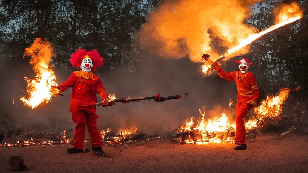 Prompt: photo of a clown using a flamethrower next to a fire. Daylight. award-winning, highly-detailed, 8K