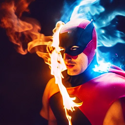 Prompt: photo of a superhero with fire powers