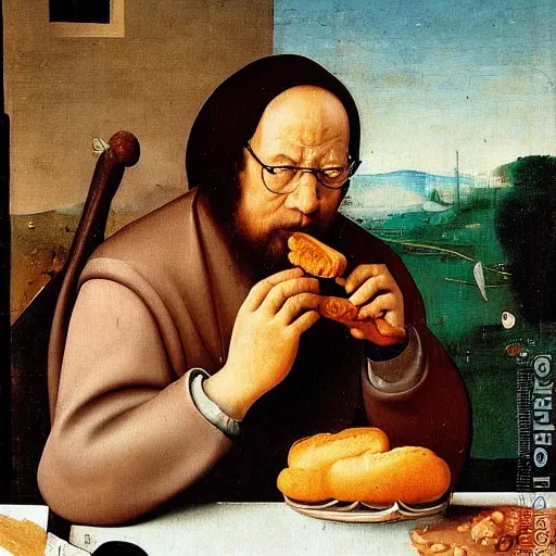 Prompt: George Costanza eating an eclair out of a trash can, by Hieronymous Bosch