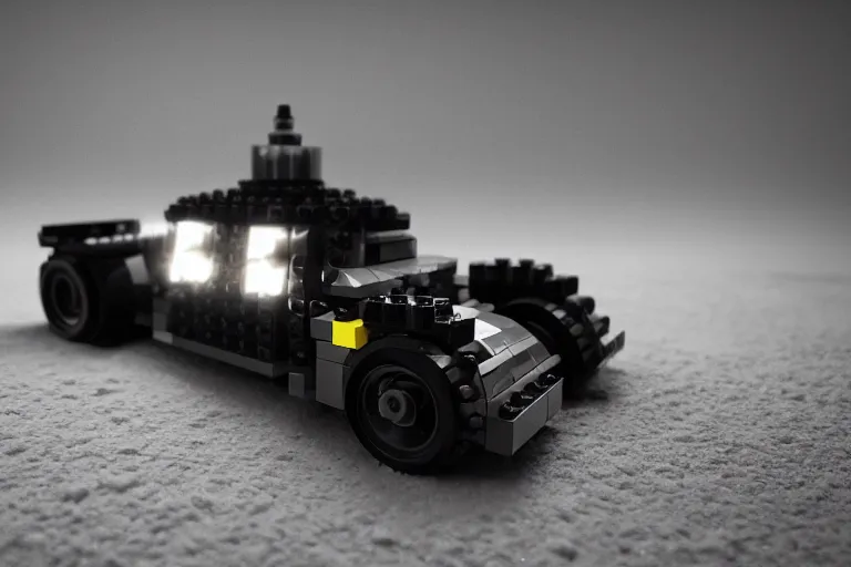 Prompt: the lego batmobile is standing ina cave. highly detailed. intricate. mist. octane render. rim light. photoreal. 8 k. monochrome. cinematic.