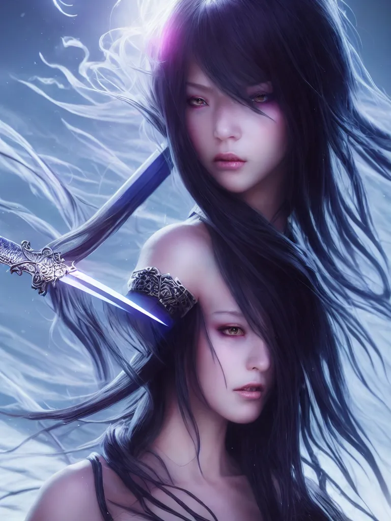 Prompt: extremely beautiful aesthetic ego sword in a shape of girl, black long hair, occlusion shadow, specular reflection, rim light, unreal engine, octane render, artgerm, artstation, art by hiroaki samura and jiro matsumoto and yusuke murata, high quality, highly detailed 8 k, fantasy illustration