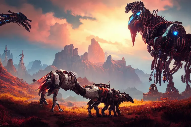 Image similar to grimhorn fanghorn machine mecanical creature robot of horizon forbidden west horizon zero dawn bioluminiscence global illumination ray tracing hdr fanart arstation by ian pesty and alena aenami artworks in 4 k