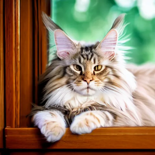 Image similar to portrait cream color maine coon cat curled up, bay window sofa, 8K, 4K, Blanchard Antoine, oversaturated lens flair, bokeh, sunbeam, UE5
