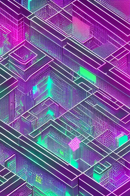 Image similar to intricate isometric axonometric synthwave illustration, geographic synthwave wireframe ground plane grid pattern, brutalist urban city cyberpunk downtown, tiling, synthwave moon high at top, luminous lines, large synthwave moon, intricate synthwave wireframe grid pattern