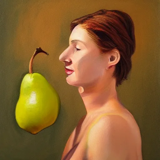 Prompt: realistic painting of a woman holding a pear
