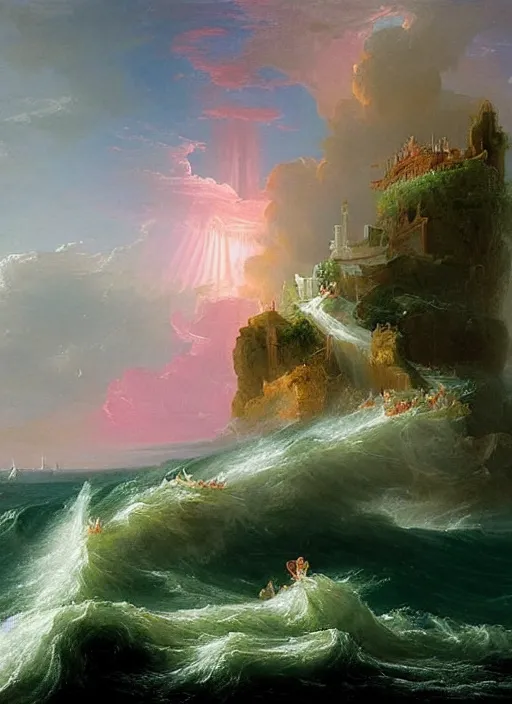 Image similar to a delicate ornate white fantasy tower with pink and green decoration splashes upwards from a turbulent ocean, dramatic lighting, rich colors, beautiful painting by Thomas Cole