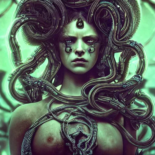 Image similar to Cyberpunk medusa, dark atmosphere, cinematic shot, intricate, ornate, photorealistic, ultra detailed, realistic, 35mm, photography, neon, octane, high definition, depth of field, bokeh, 8k, artstation, (alphonse mucha), hr giger