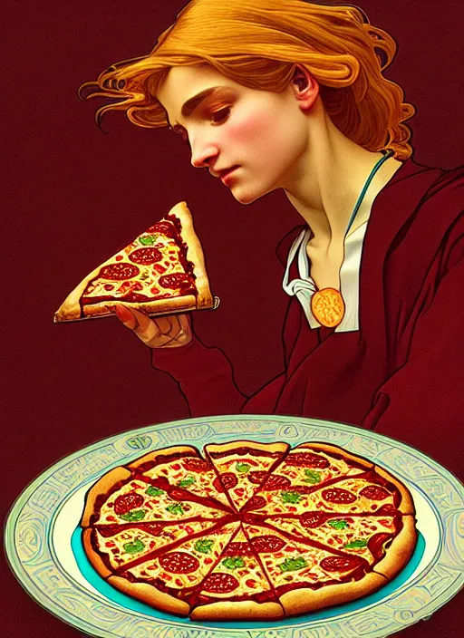 Prompt: unlucky man dropping all the pizza, intricate, elegant, highly detailed, lighting, painting, artstation, smooth, illustration, art by greg rutowski and alphonse mucha,