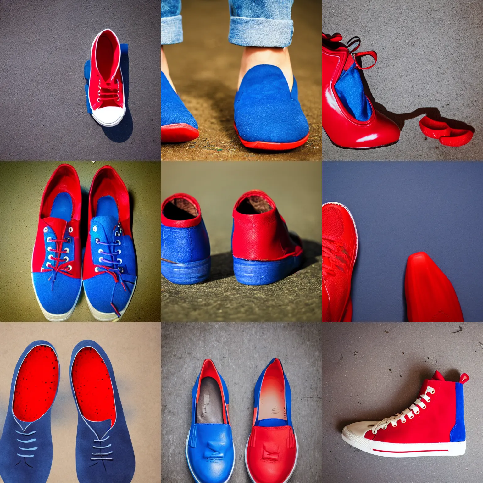 Prompt: 1 red shoe 1 blue shoe